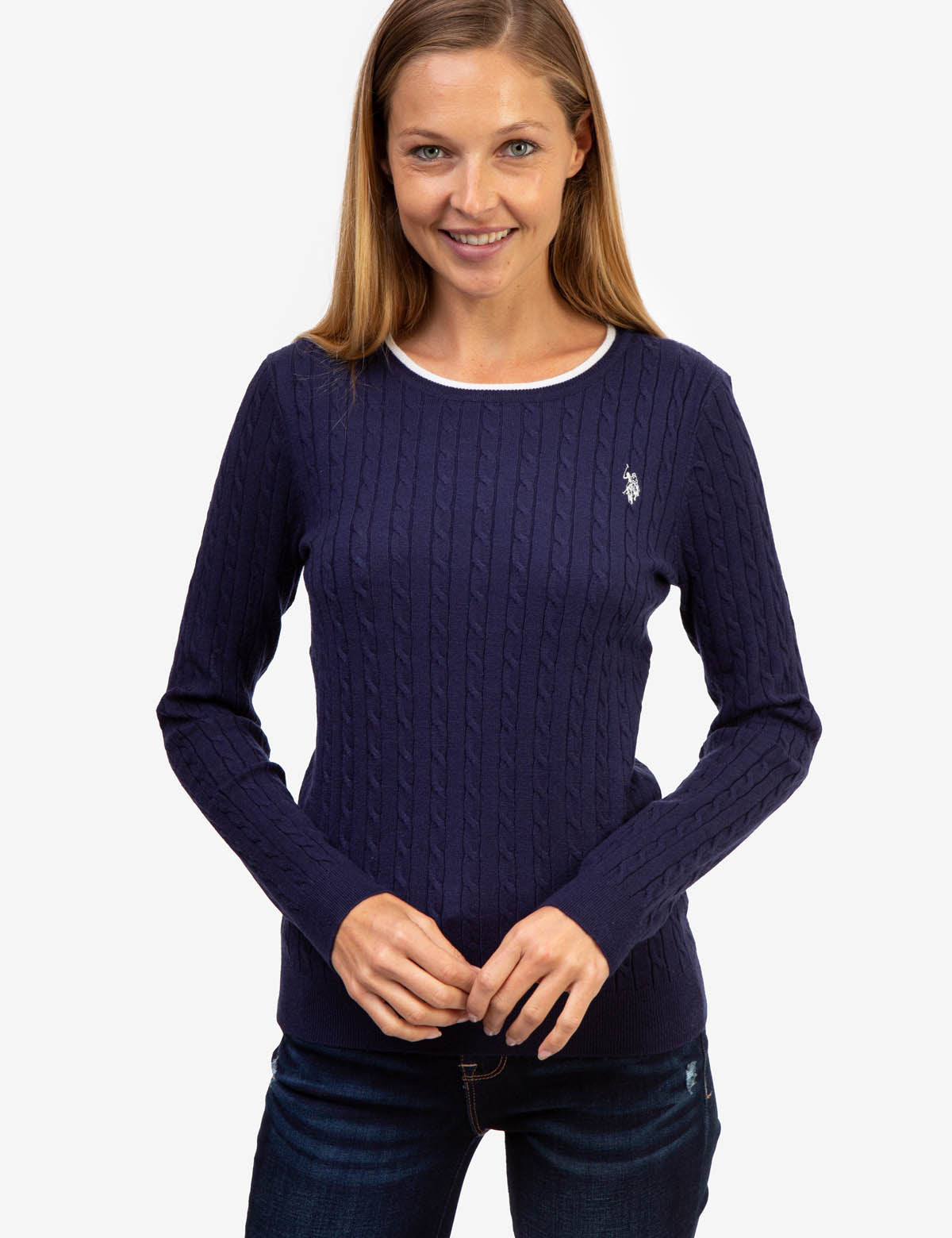 Men's Cable Knit Sweater with Tipped Ribbed Neck & Cuffs