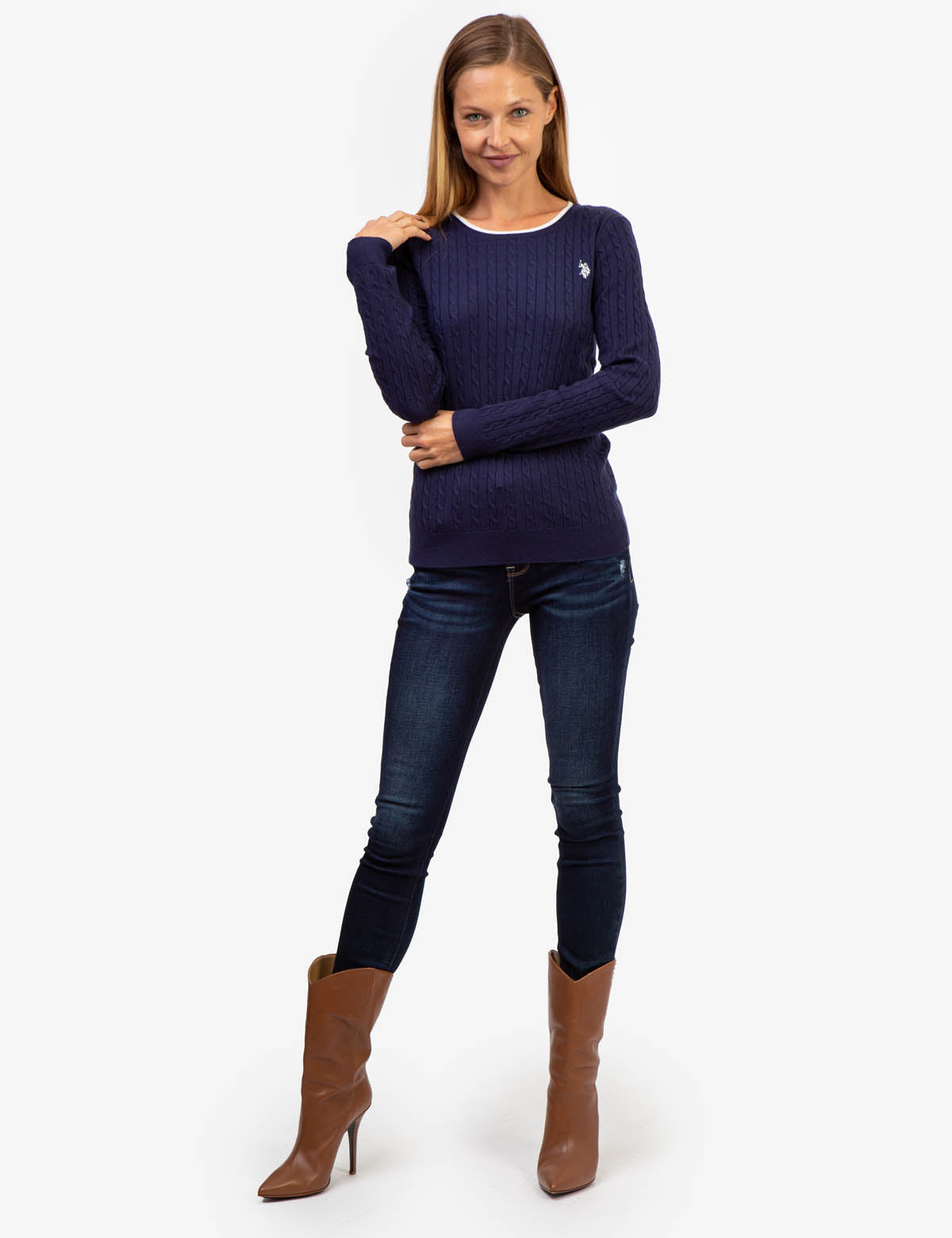 Men's Cable Knit Sweater with Tipped Ribbed Neck & Cuffs