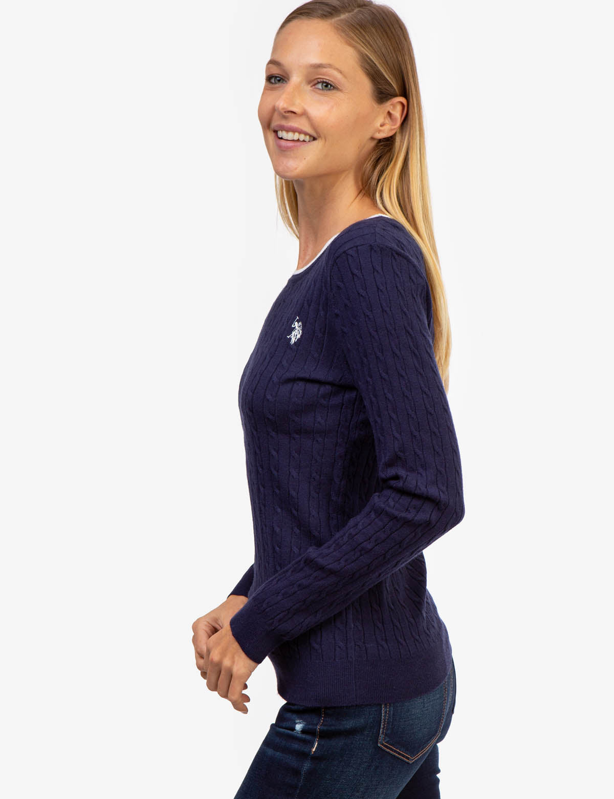 Men's Cable Knit Sweater with Tipped Ribbed Neck & Cuffs