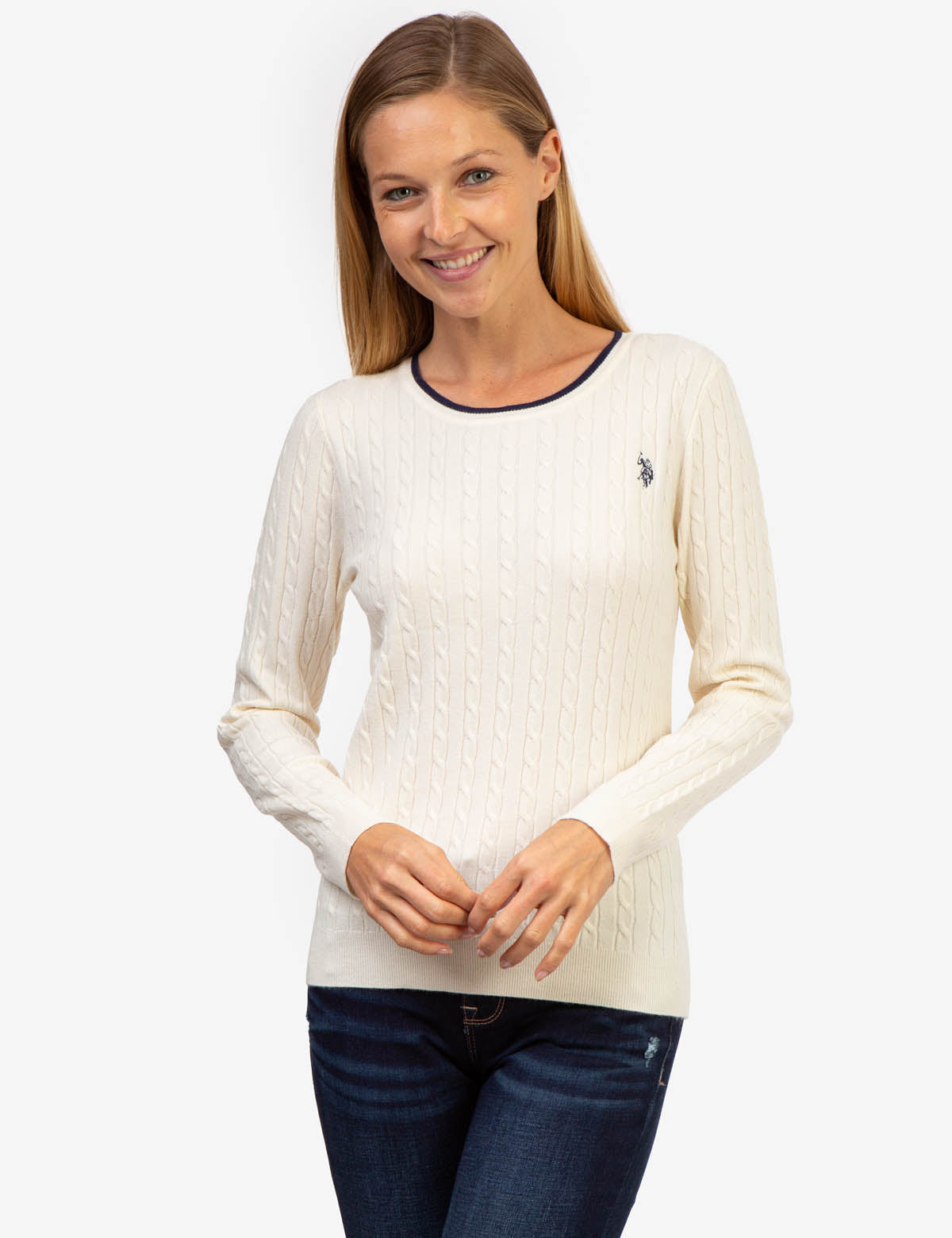 Men's Cable Knit Sweater with Tipped Ribbed Neck & Cuffs
