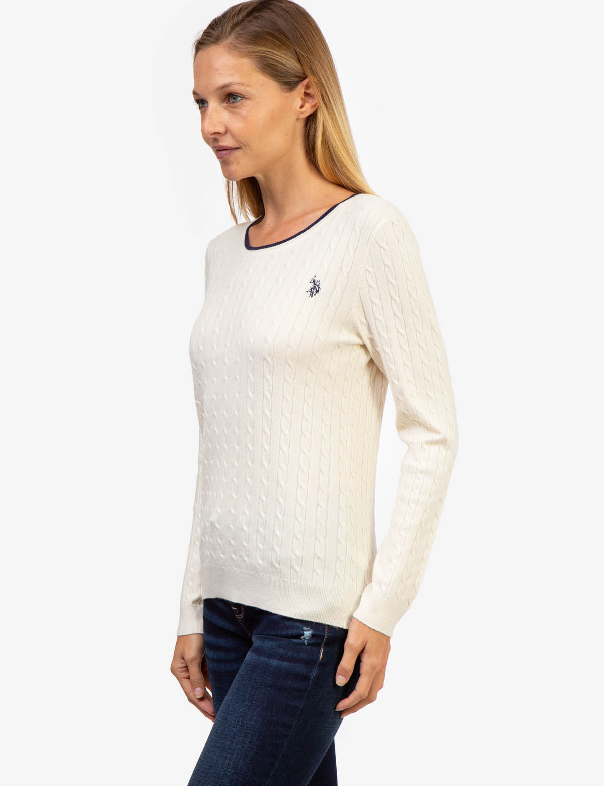 Men's Cable Knit Sweater with Tipped Ribbed Neck & Cuffs