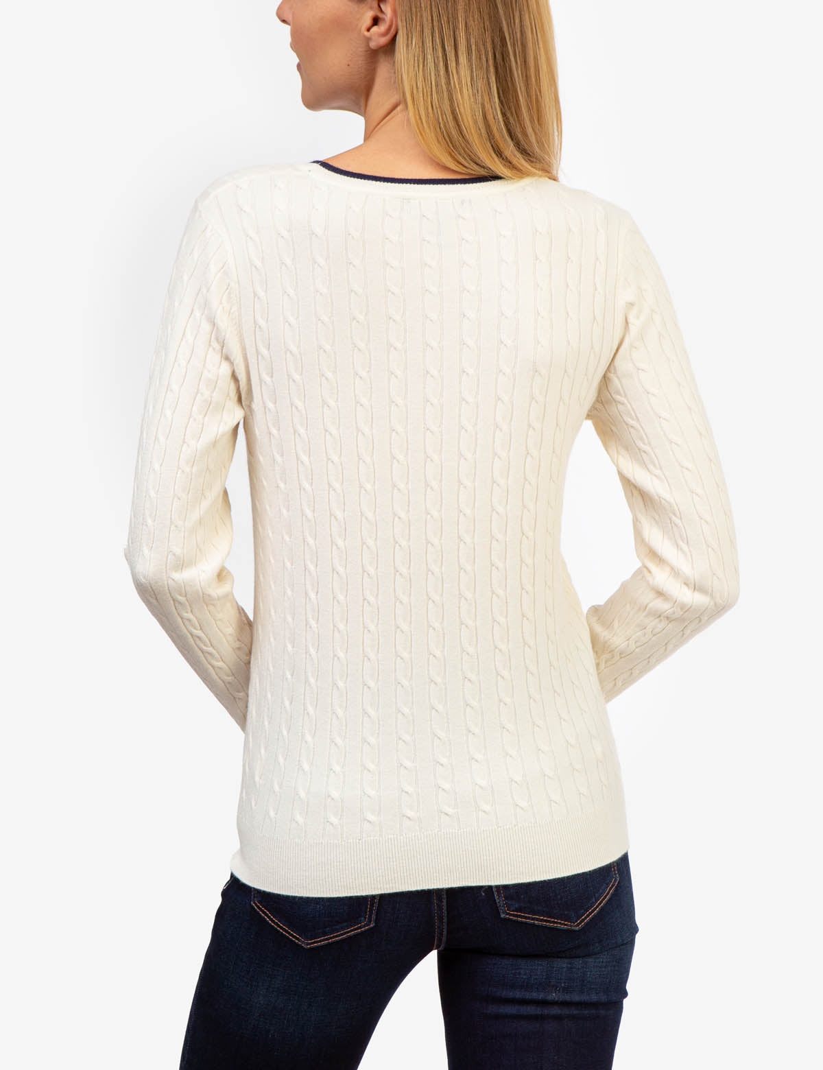 Men's Cable Knit Sweater with Tipped Ribbed Neck & Cuffs