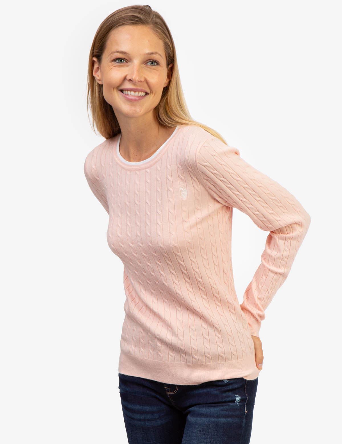 Men's Cable Knit Sweater with Tipped Ribbed Neck & Cuffs