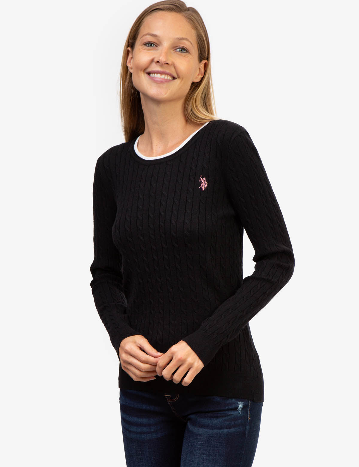 Men's Cable Knit Sweater with Tipped Ribbed Neck & Cuffs
