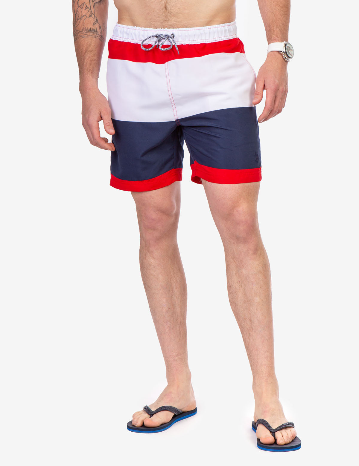 Tri-Color Swim Trunks for Men with 7" Inseam & Drawstring Waist