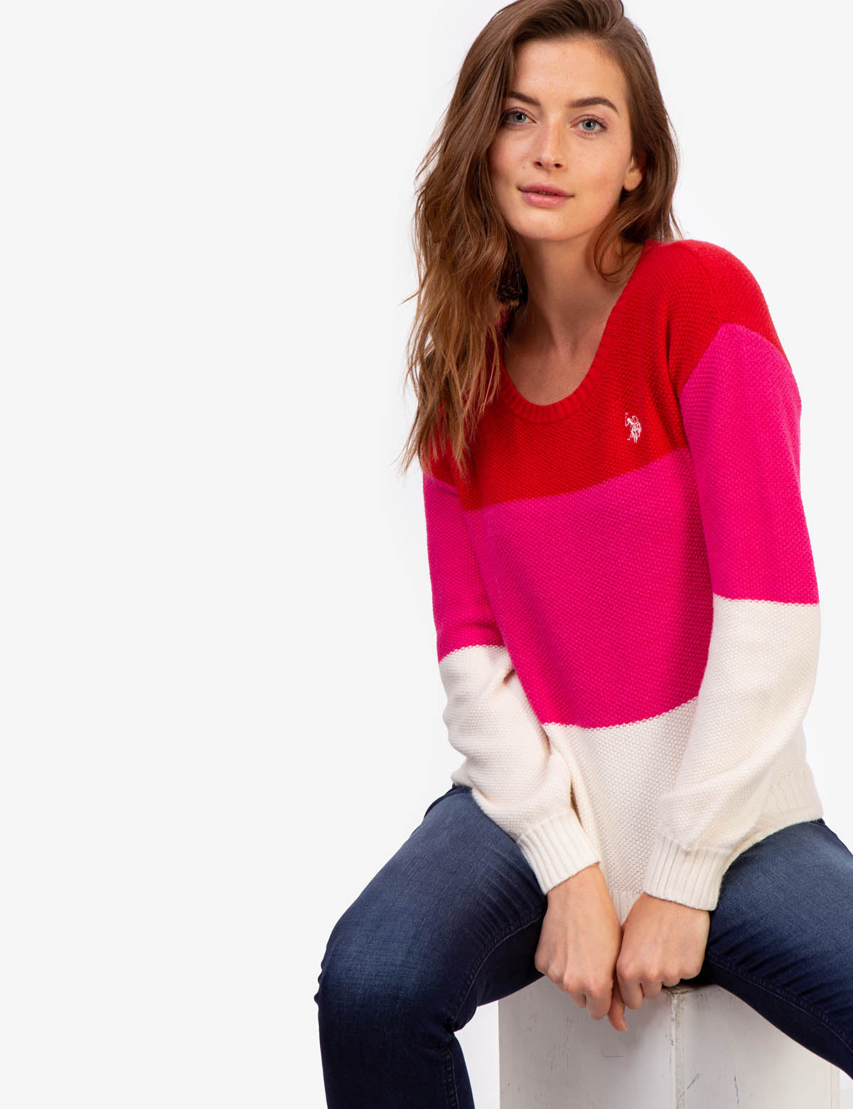 Tri-Color Block Ribbed Crewneck Sweater - Long Sleeve Casual Pullover