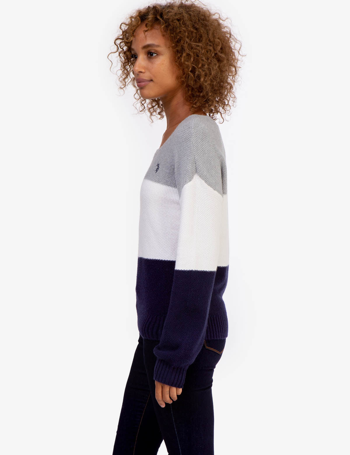 Tri-Color Block Ribbed Crewneck Sweater - Long Sleeve Casual Pullover