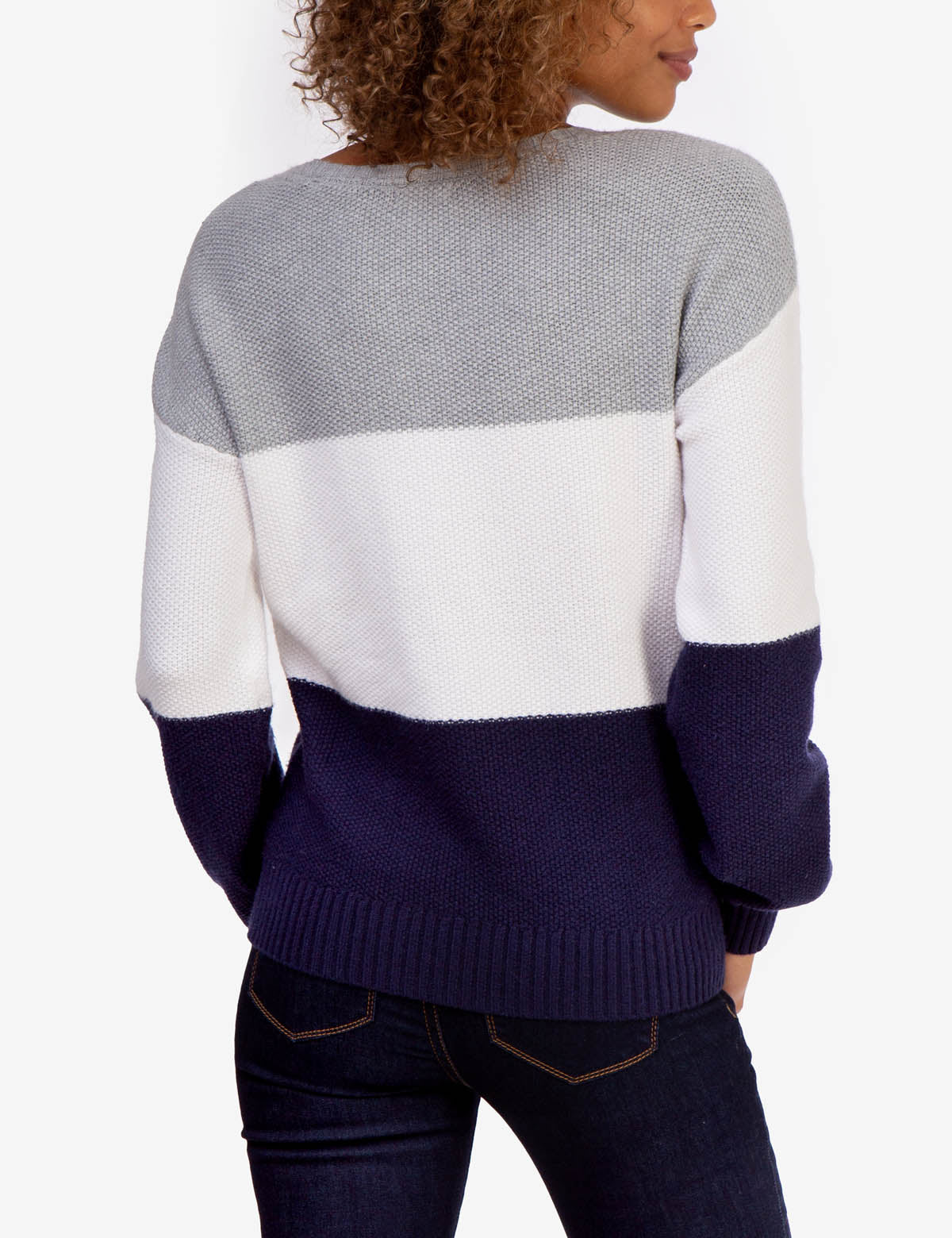 Tri-Color Block Ribbed Crewneck Sweater - Long Sleeve Casual Pullover