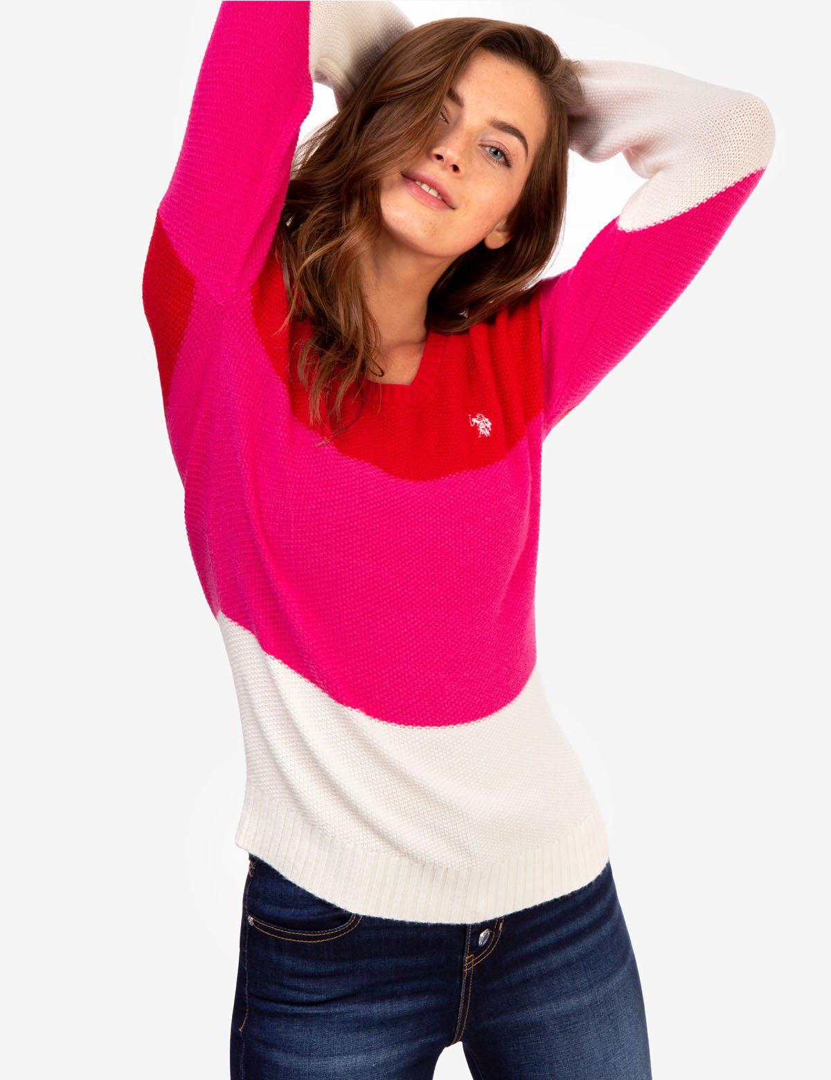 Tri-Color Block Ribbed Crewneck Sweater - Long Sleeve Casual Pullover