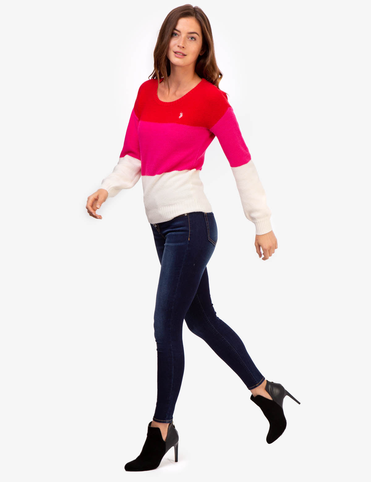Tri-Color Block Ribbed Crewneck Sweater - Long Sleeve Casual Pullover