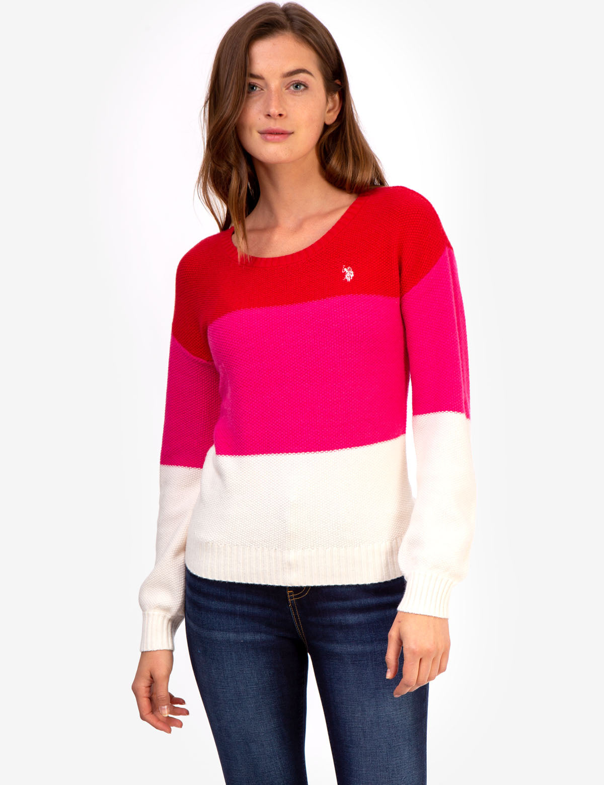 Tri-Color Block Ribbed Crewneck Sweater - Long Sleeve Casual Pullover
