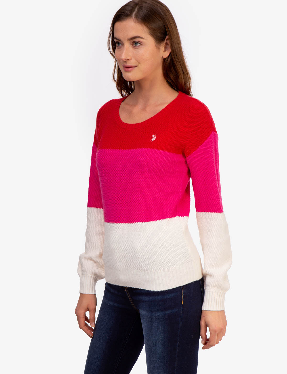 Tri-Color Block Ribbed Crewneck Sweater - Long Sleeve Casual Pullover