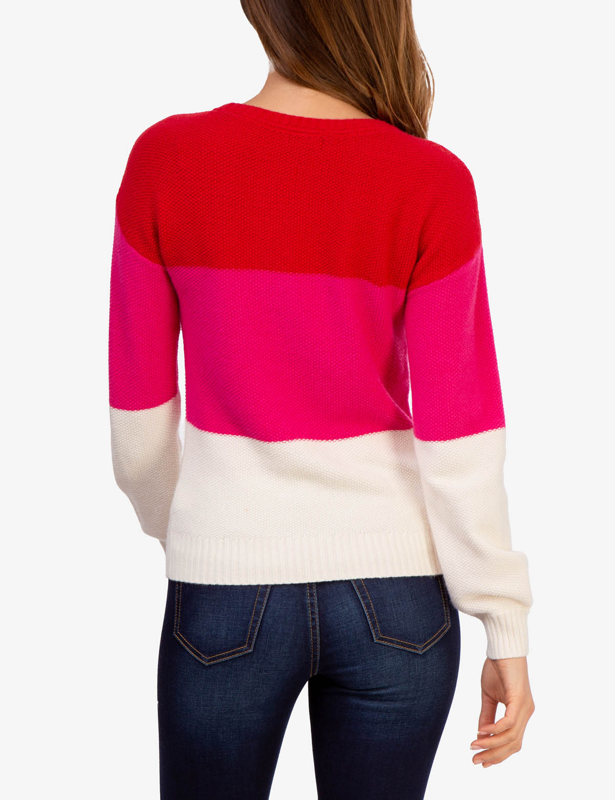 Tri-Color Block Ribbed Crewneck Sweater - Long Sleeve Casual Pullover