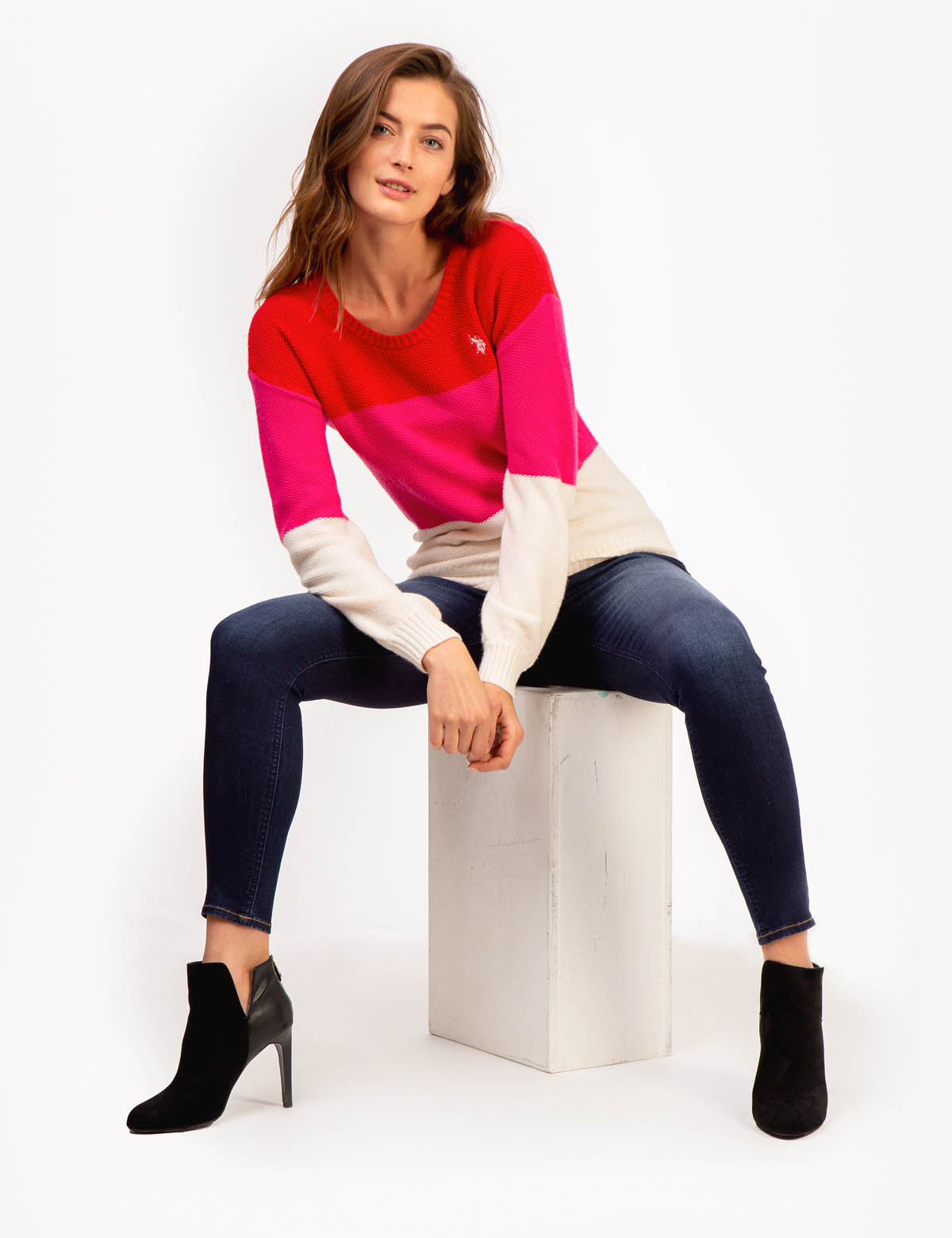 Tri-Color Block Ribbed Crewneck Sweater - Long Sleeve Casual Pullover