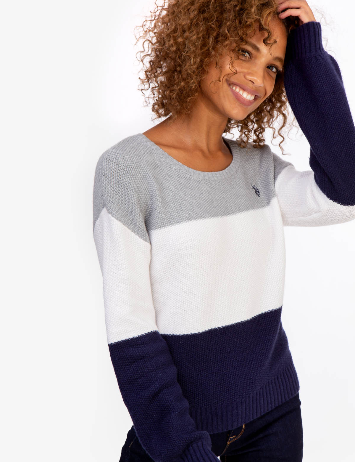 Tri-Color Block Ribbed Crewneck Sweater - Long Sleeve Casual Pullover