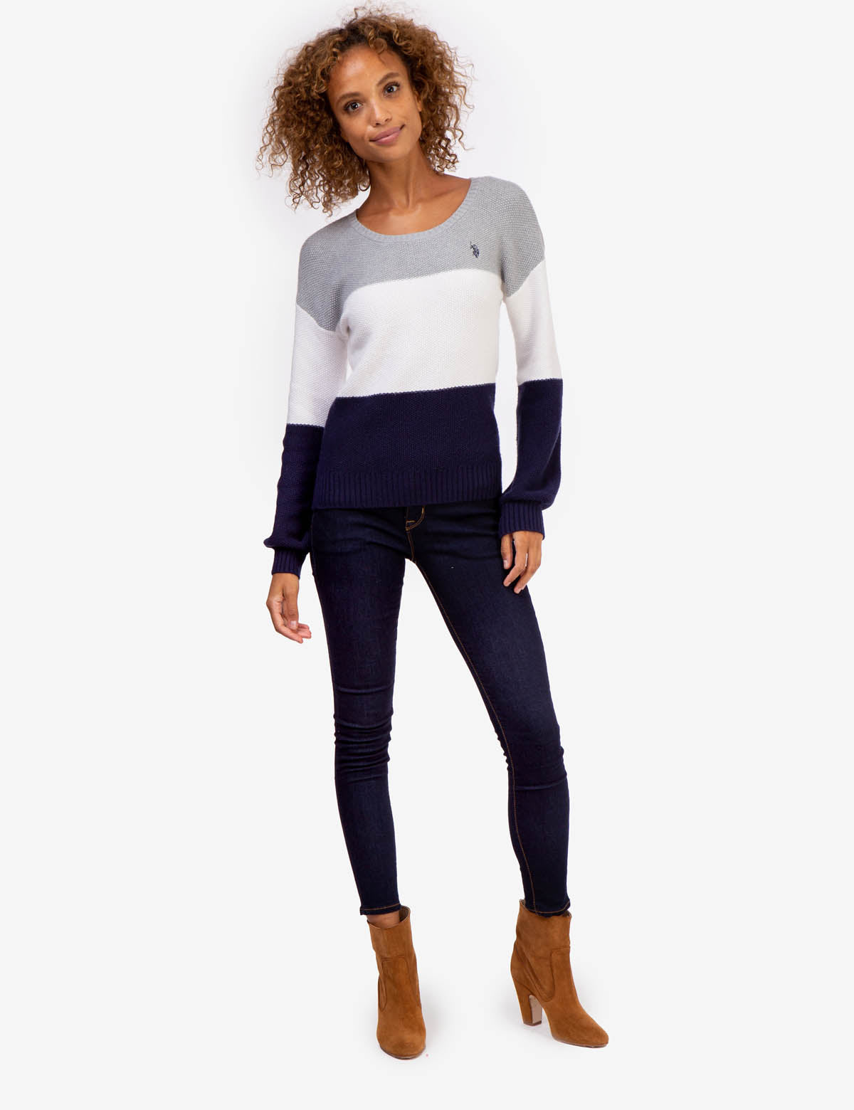Tri-Color Block Ribbed Crewneck Sweater - Long Sleeve Casual Pullover