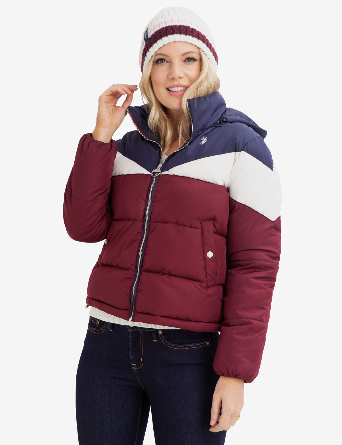 Tri-Color Detachable Hood Puffer Coat for Women