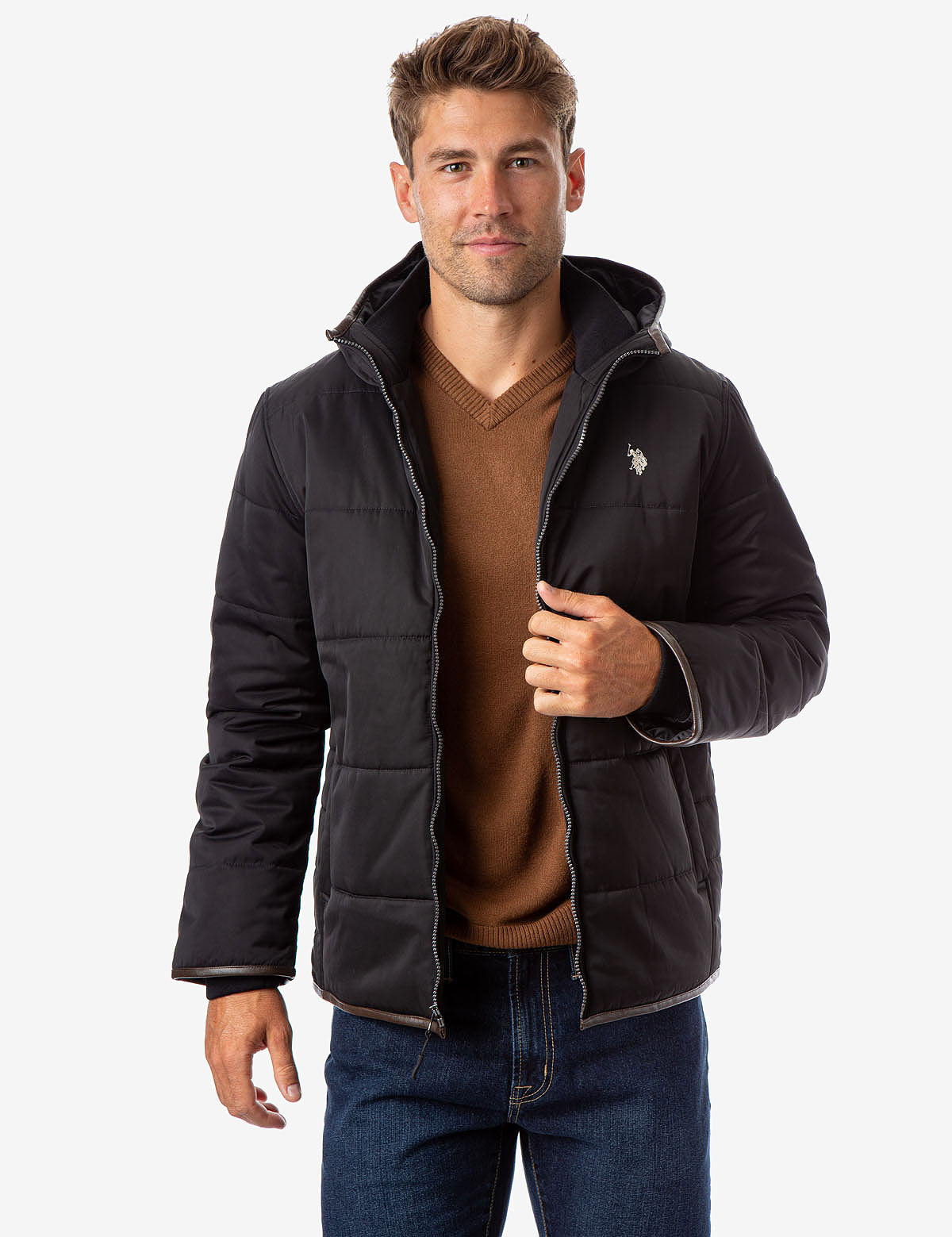 Women's Faux Leather Trim Hooded Puffer Jacket
