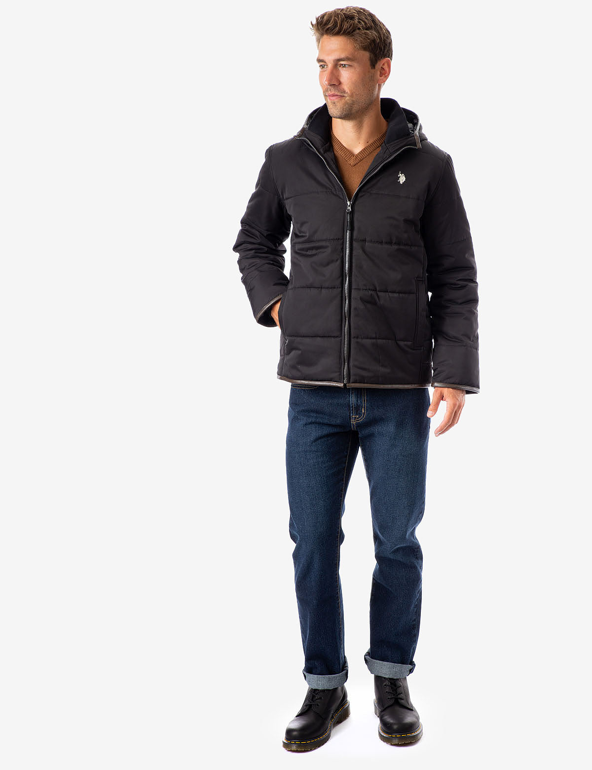 Women's Faux Leather Trim Hooded Puffer Jacket