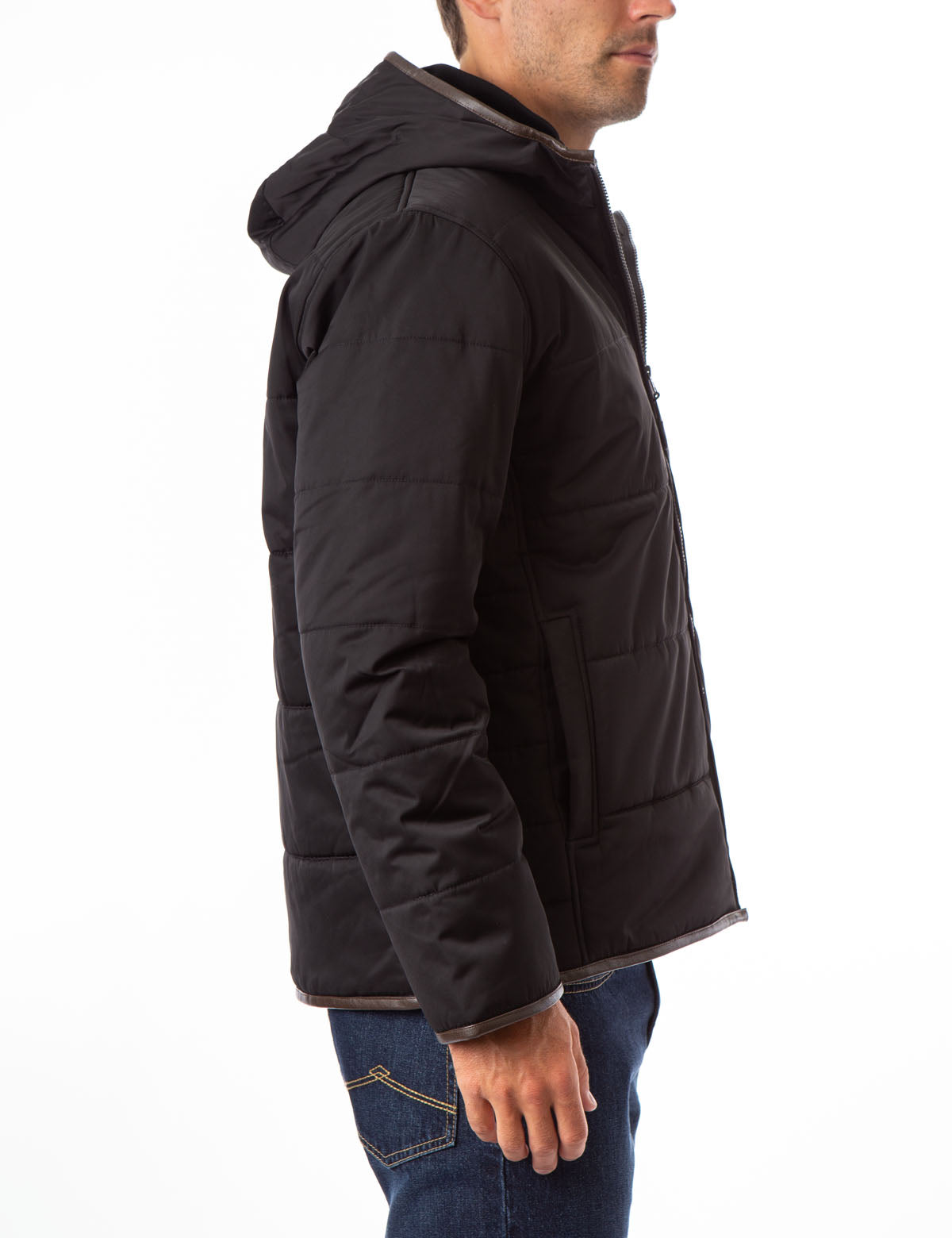 Women's Faux Leather Trim Hooded Puffer Jacket