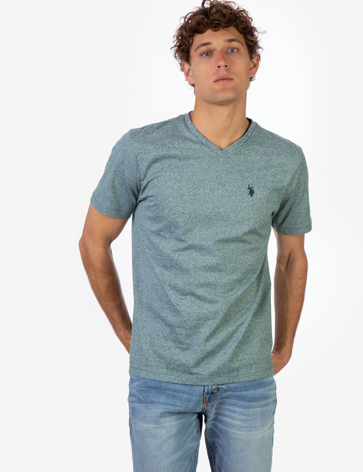 Twisted Yarn V-Neck Cotton T-Shirt with Embroidered Logo