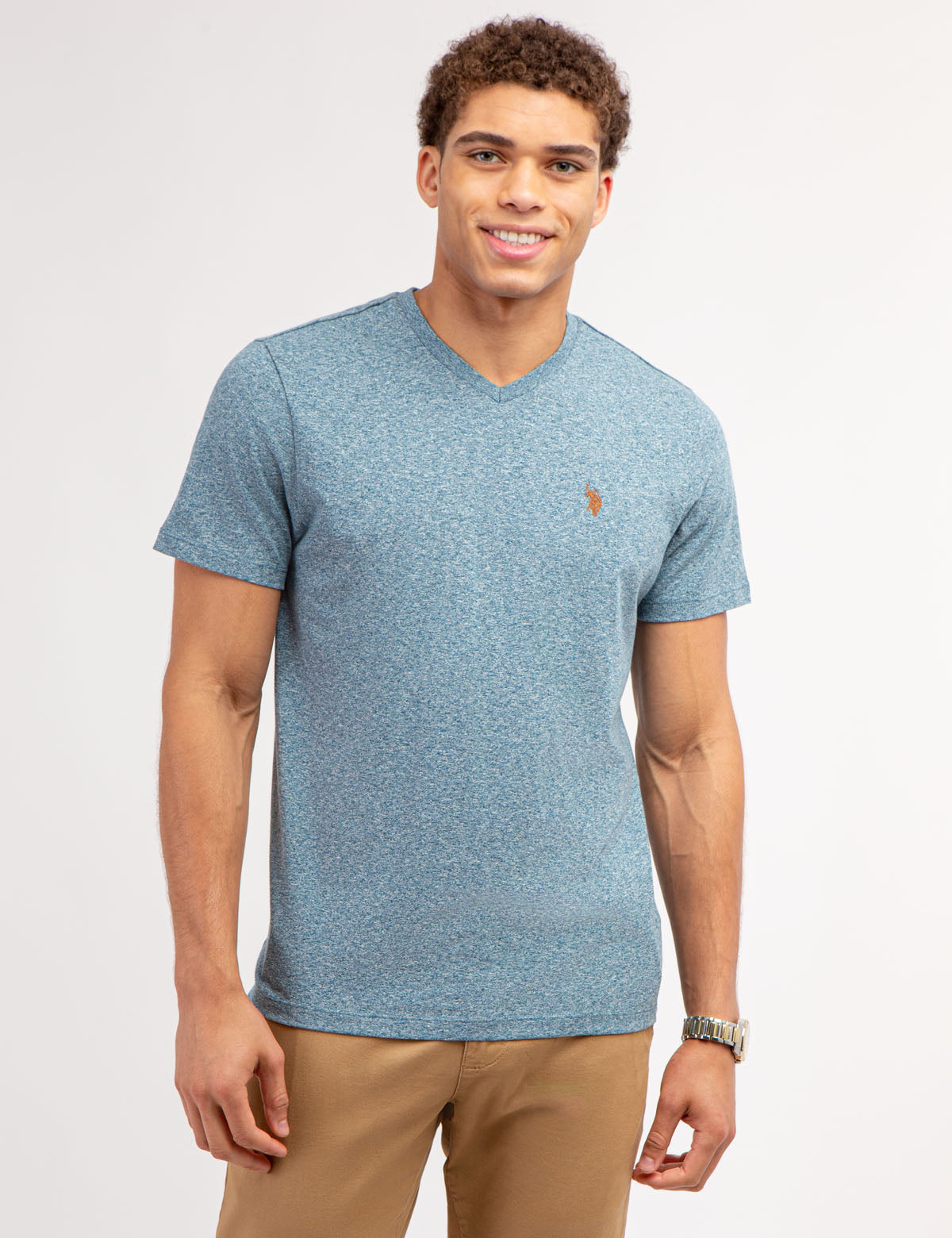 Twisted Yarn V-Neck Cotton T-Shirt with Embroidered Logo