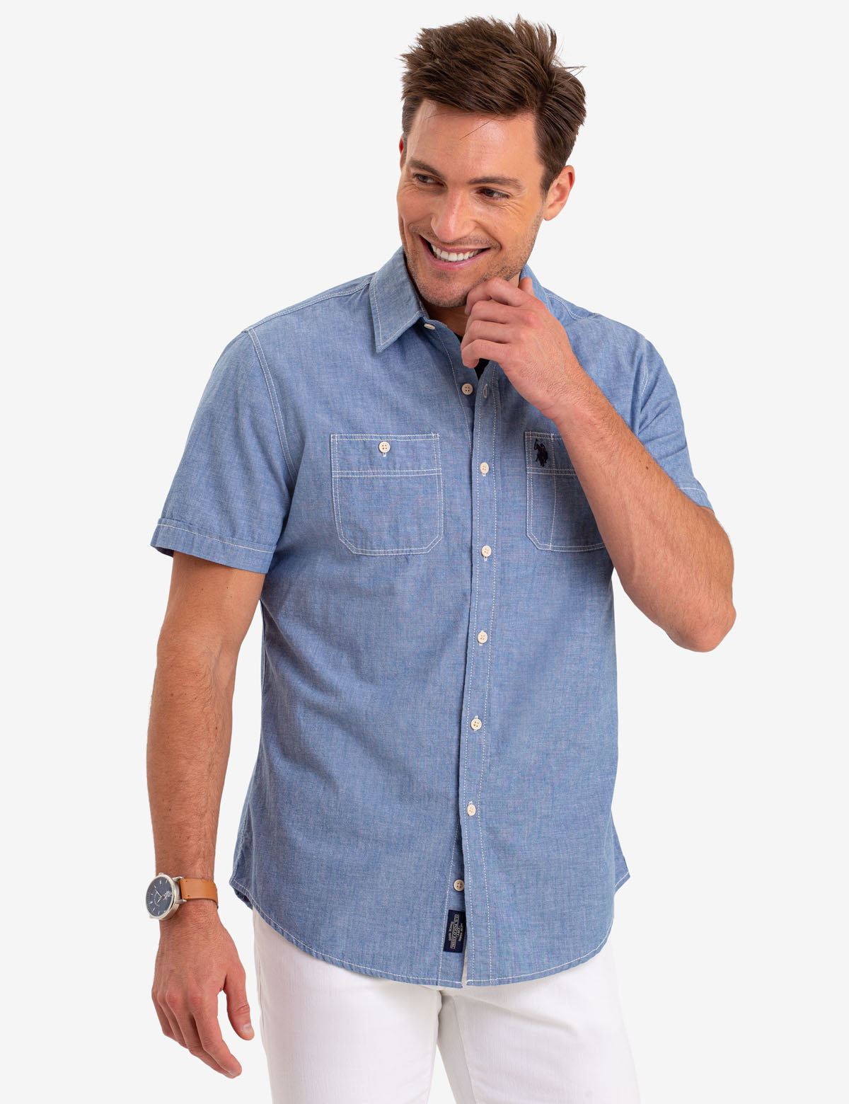 Men's Cotton Utility Shirt with Chest Pockets - Short Sleeve
