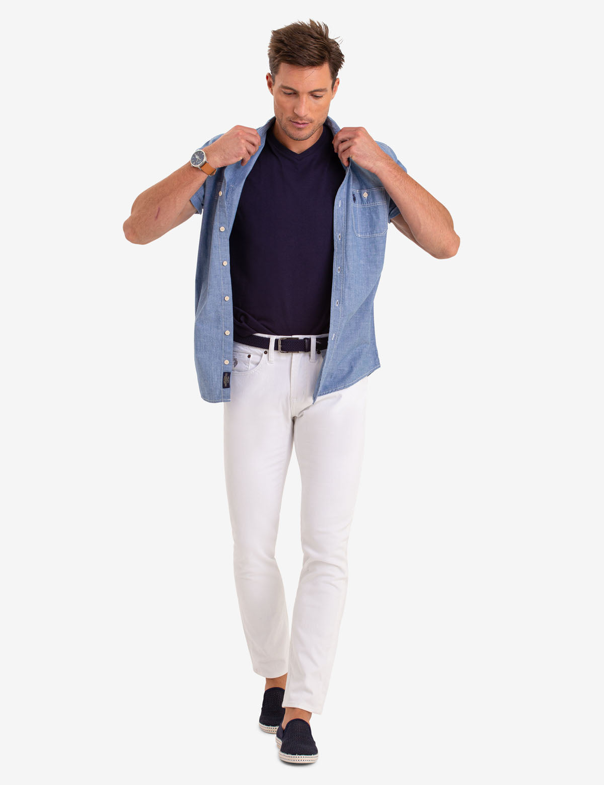 Men's Cotton Utility Shirt with Chest Pockets - Short Sleeve