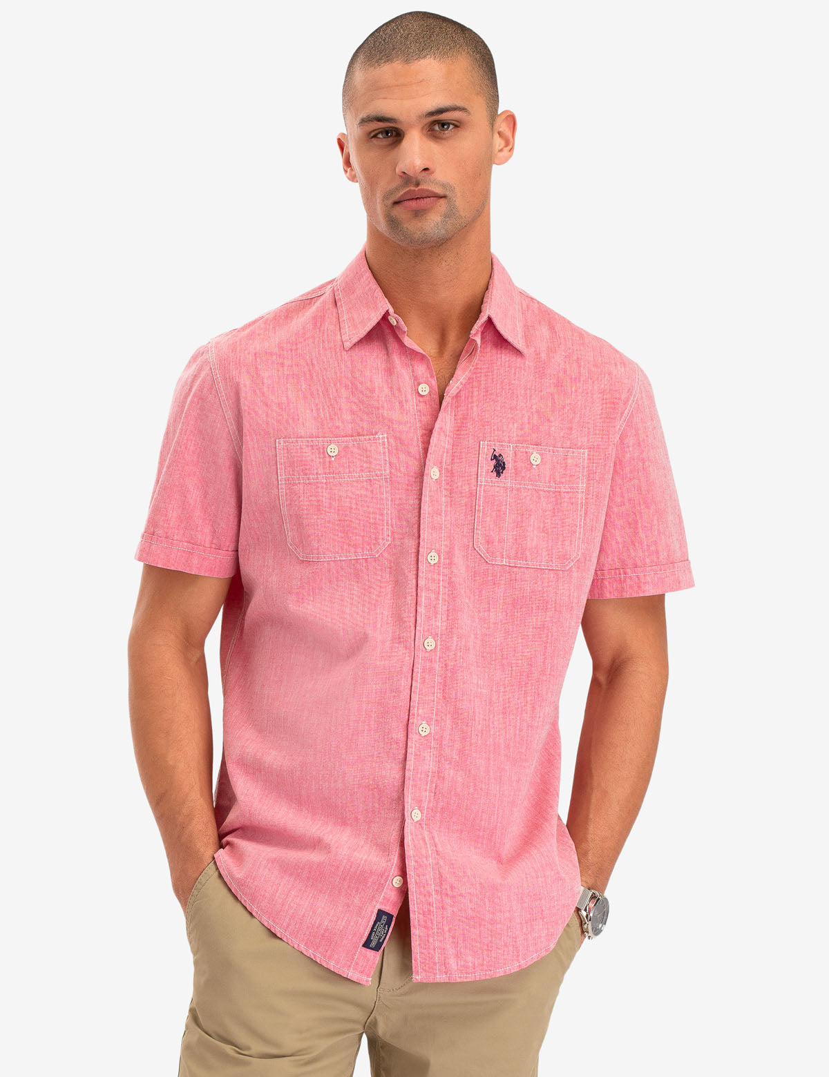 Men's Cotton Utility Shirt with Chest Pockets - Short Sleeve