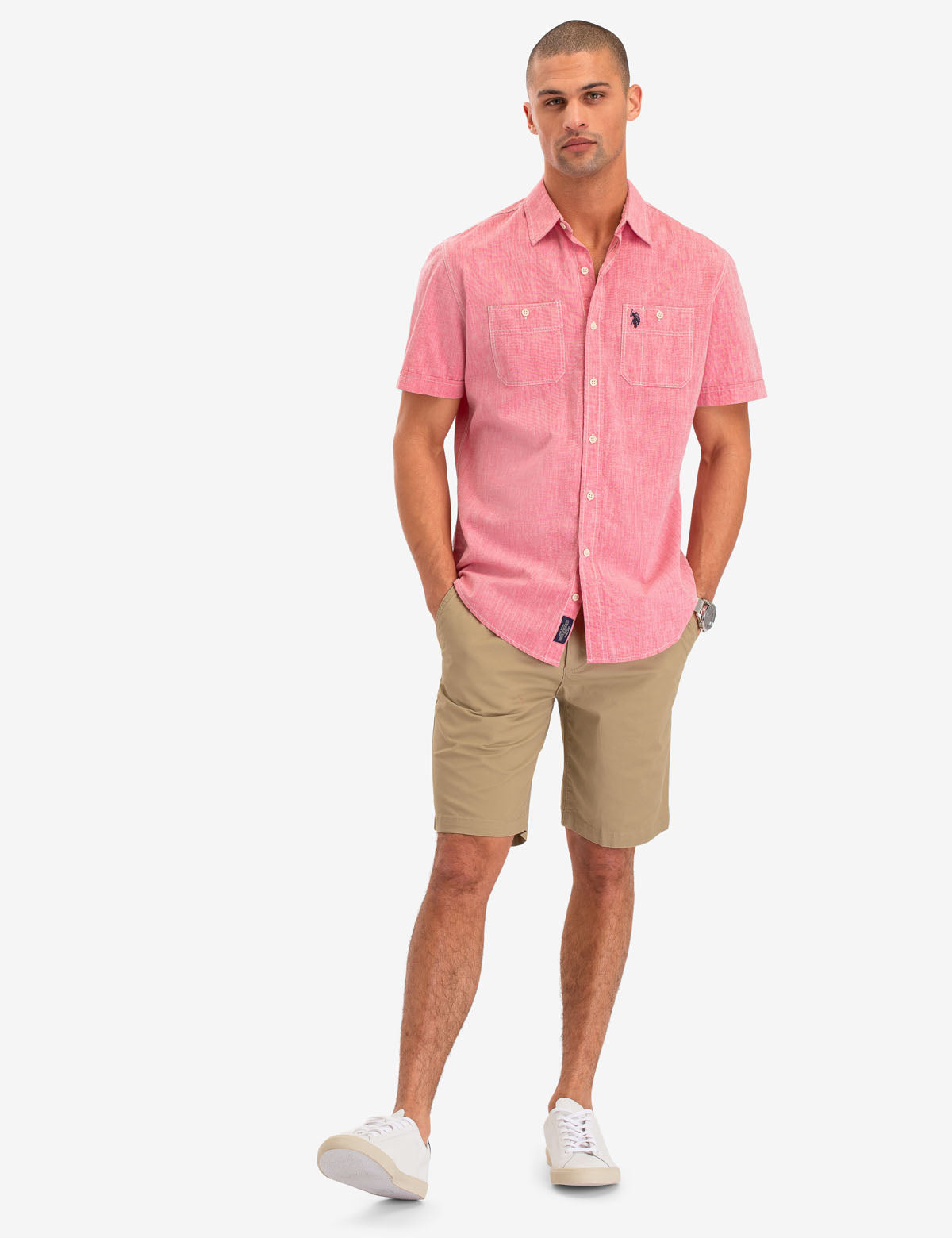 Men's Cotton Utility Shirt with Chest Pockets - Short Sleeve