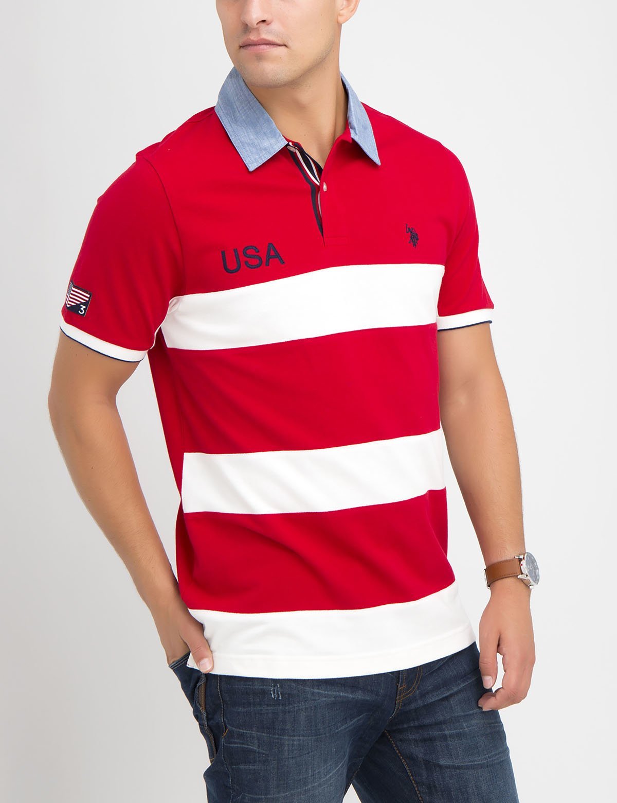 Men's Striped Oxford Polo Shirt with Button Placket