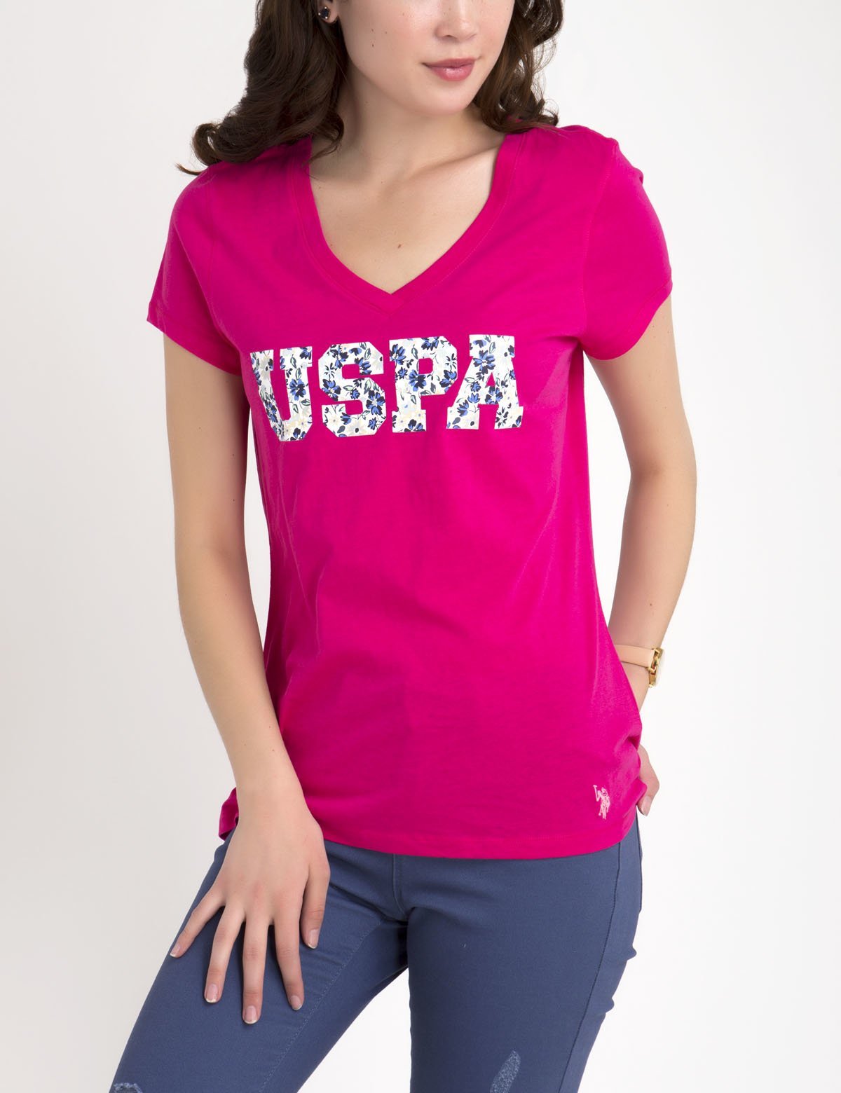 USPA Floral Print V-Neck Cotton T-Shirt for Men