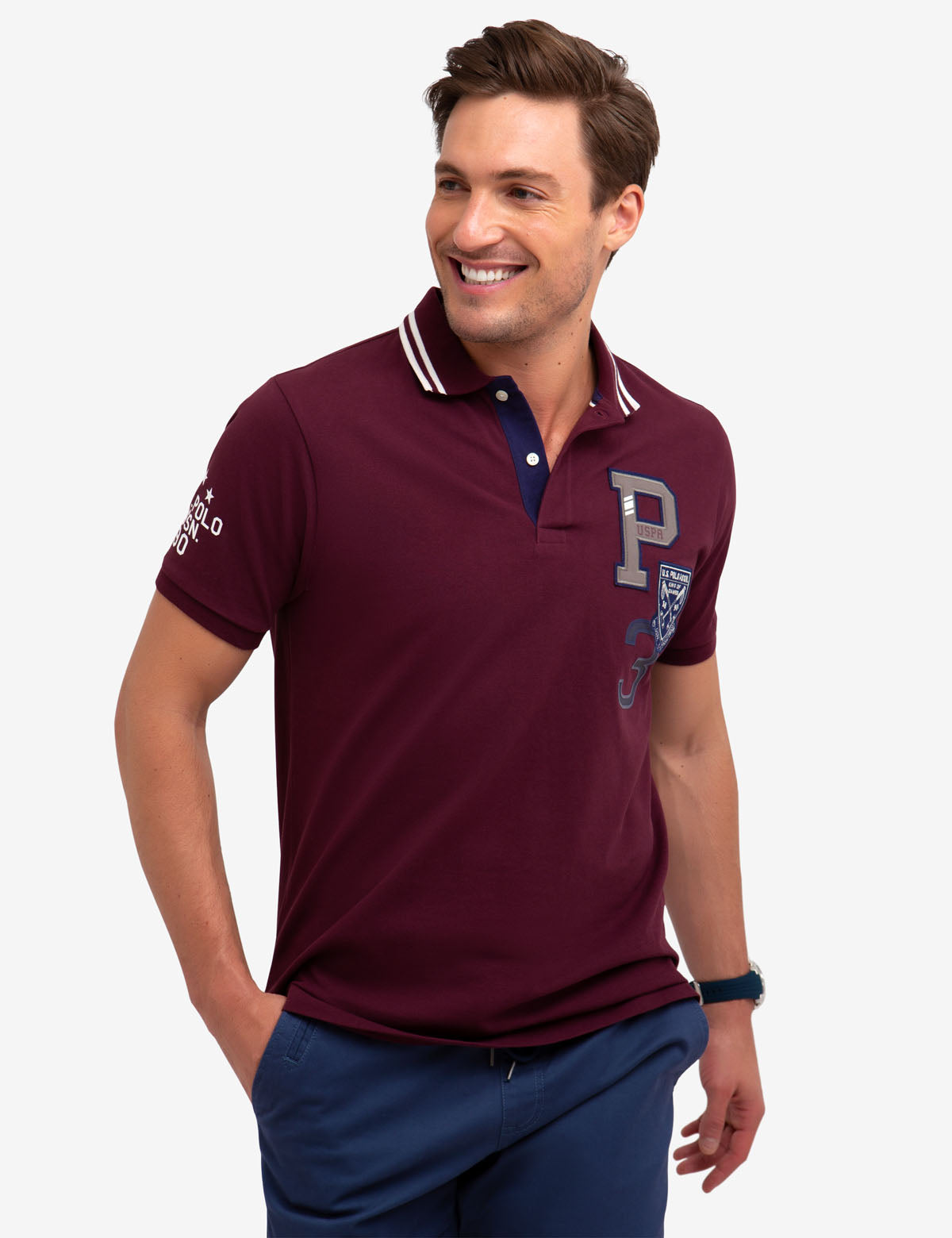 USPA Logo Patch Polo Shirt - 100% Cotton Men's Casual Top
