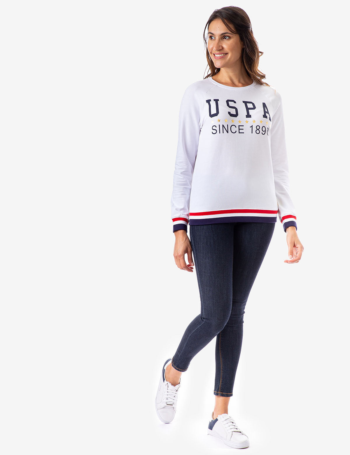USPA Striped Crew Neck Sweatshirt with Metallic Stars