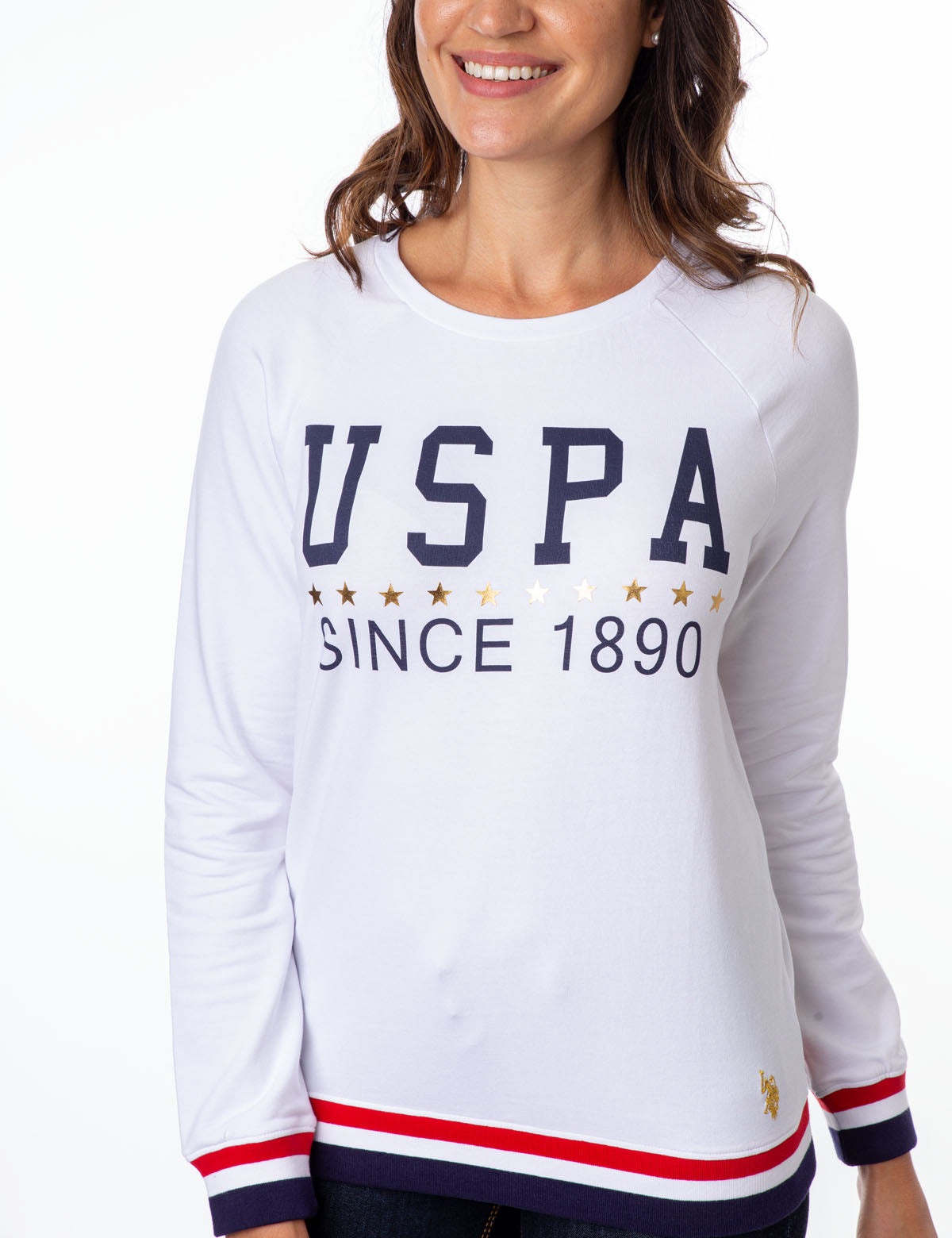 USPA Striped Crew Neck Sweatshirt with Metallic Stars