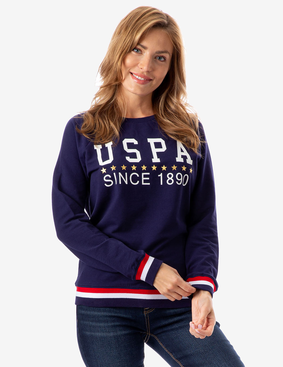 USPA Striped Crew Neck Sweatshirt with Metallic Stars