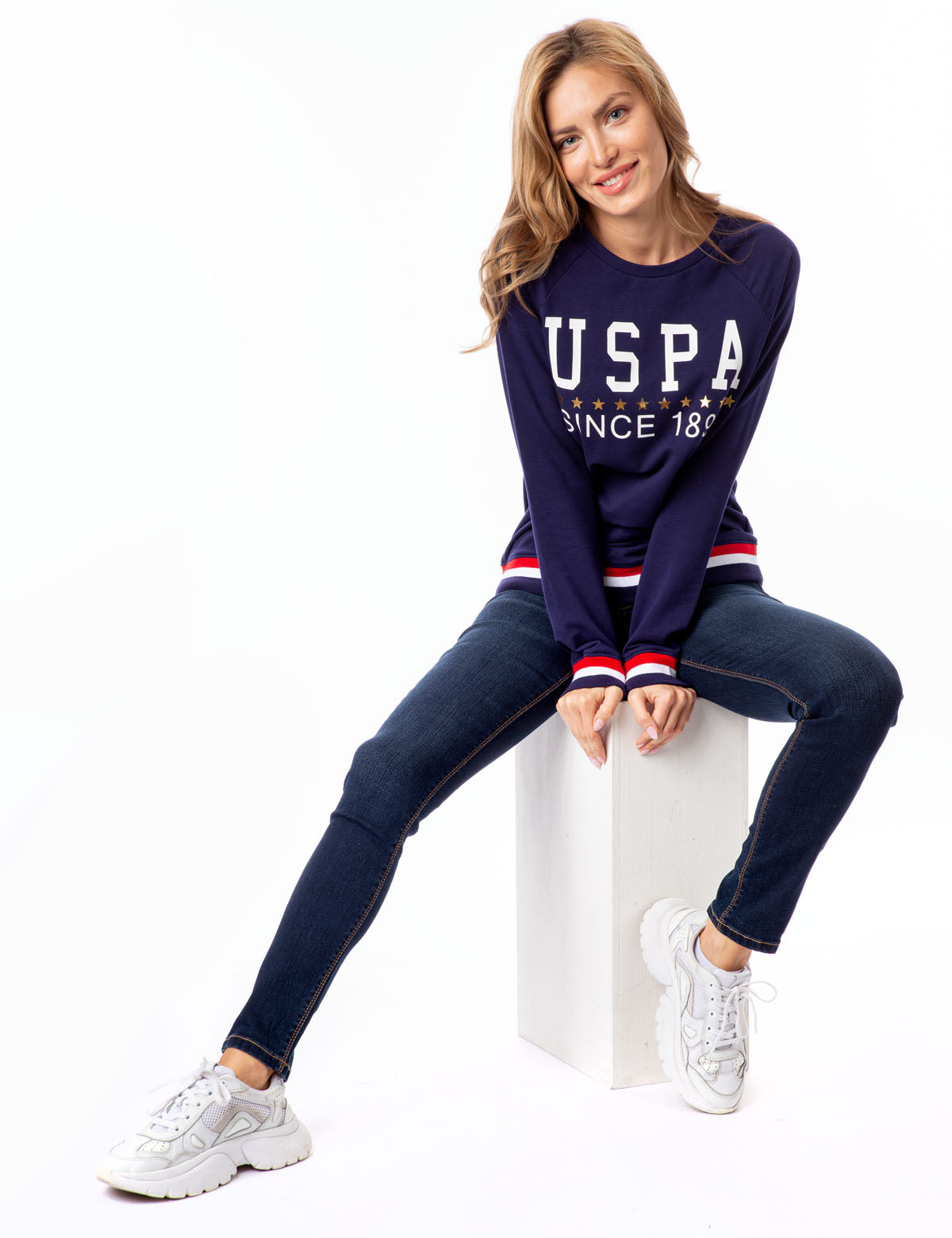 USPA Striped Crew Neck Sweatshirt with Metallic Stars