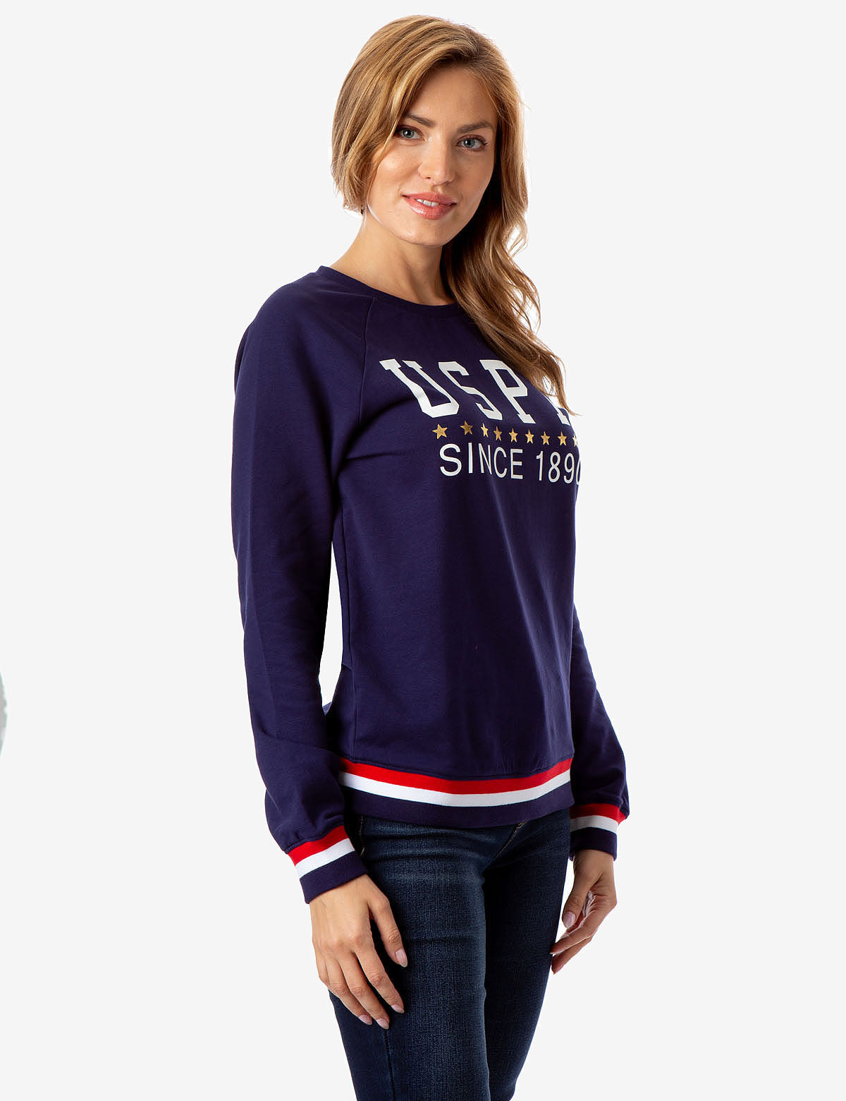 USPA Striped Crew Neck Sweatshirt with Metallic Stars