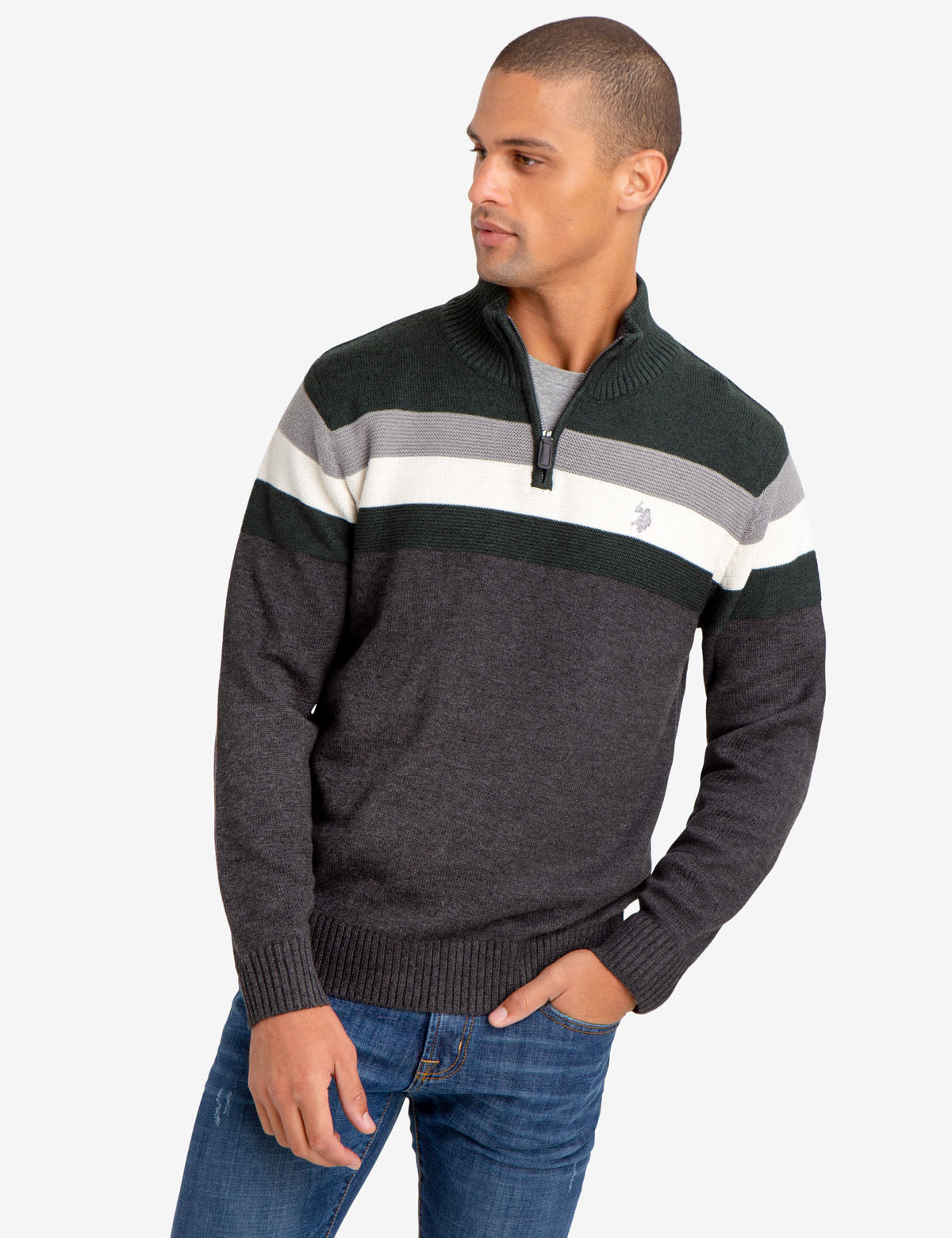 Striped Quarter Zip Sweater with Embroidered Logo