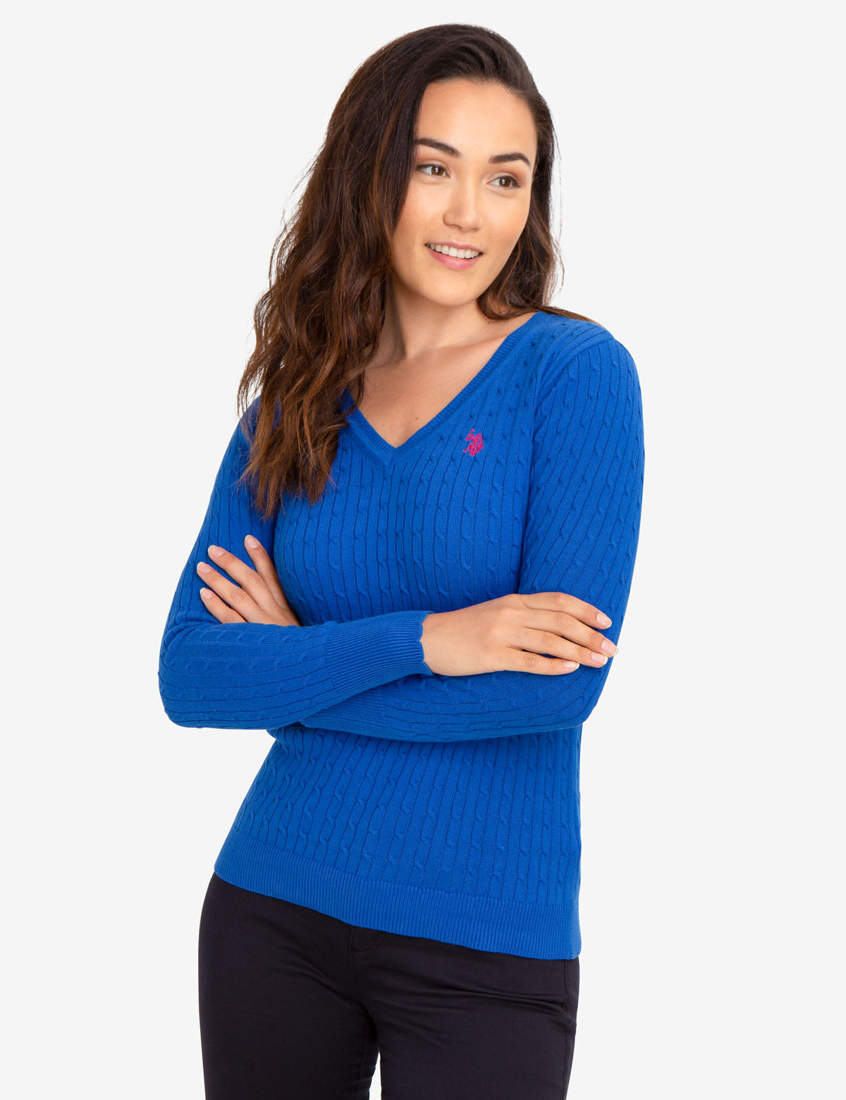 Women's V-Neck Cable Knit Cotton Sweater