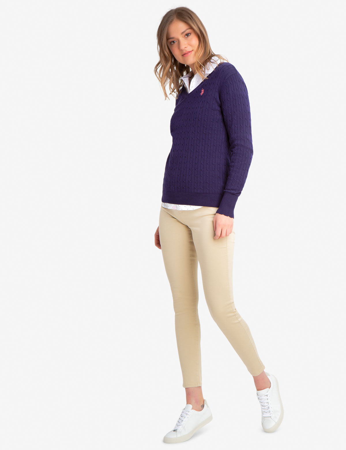 Women's V-Neck Cable Knit Cotton Sweater