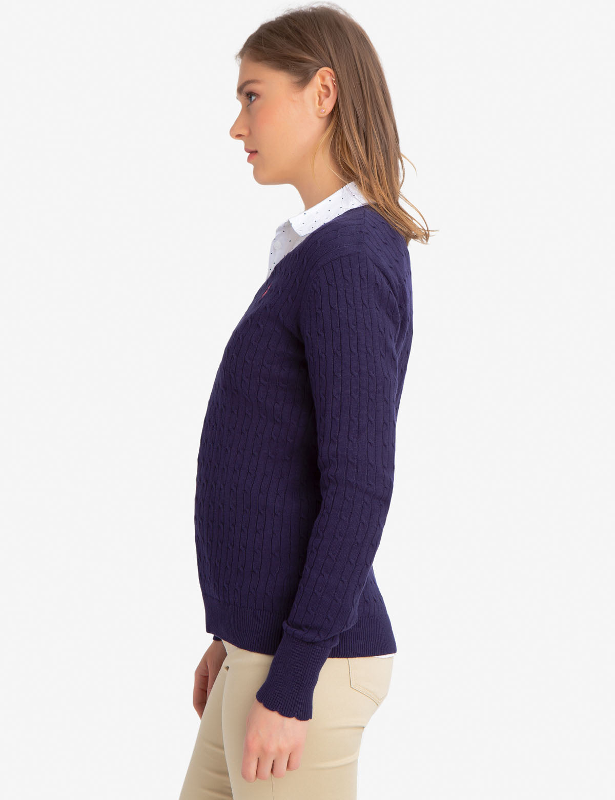 Women's V-Neck Cable Knit Cotton Sweater
