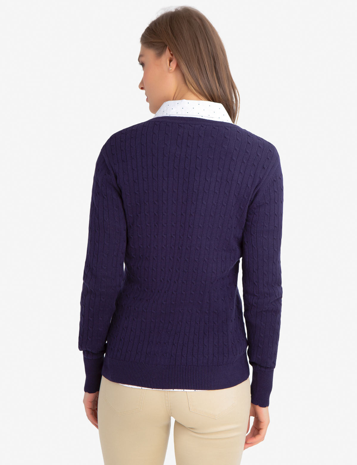 Women's V-Neck Cable Knit Cotton Sweater