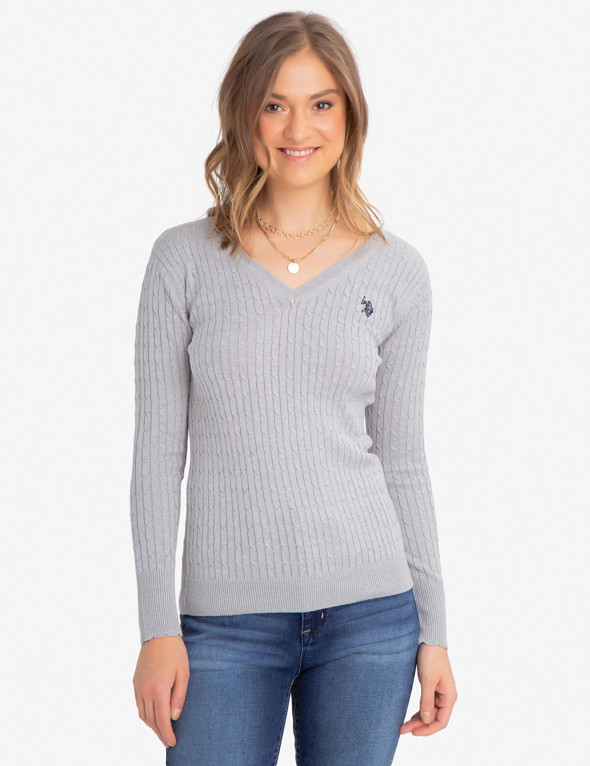 Women's V-Neck Cable Knit Cotton Sweater
