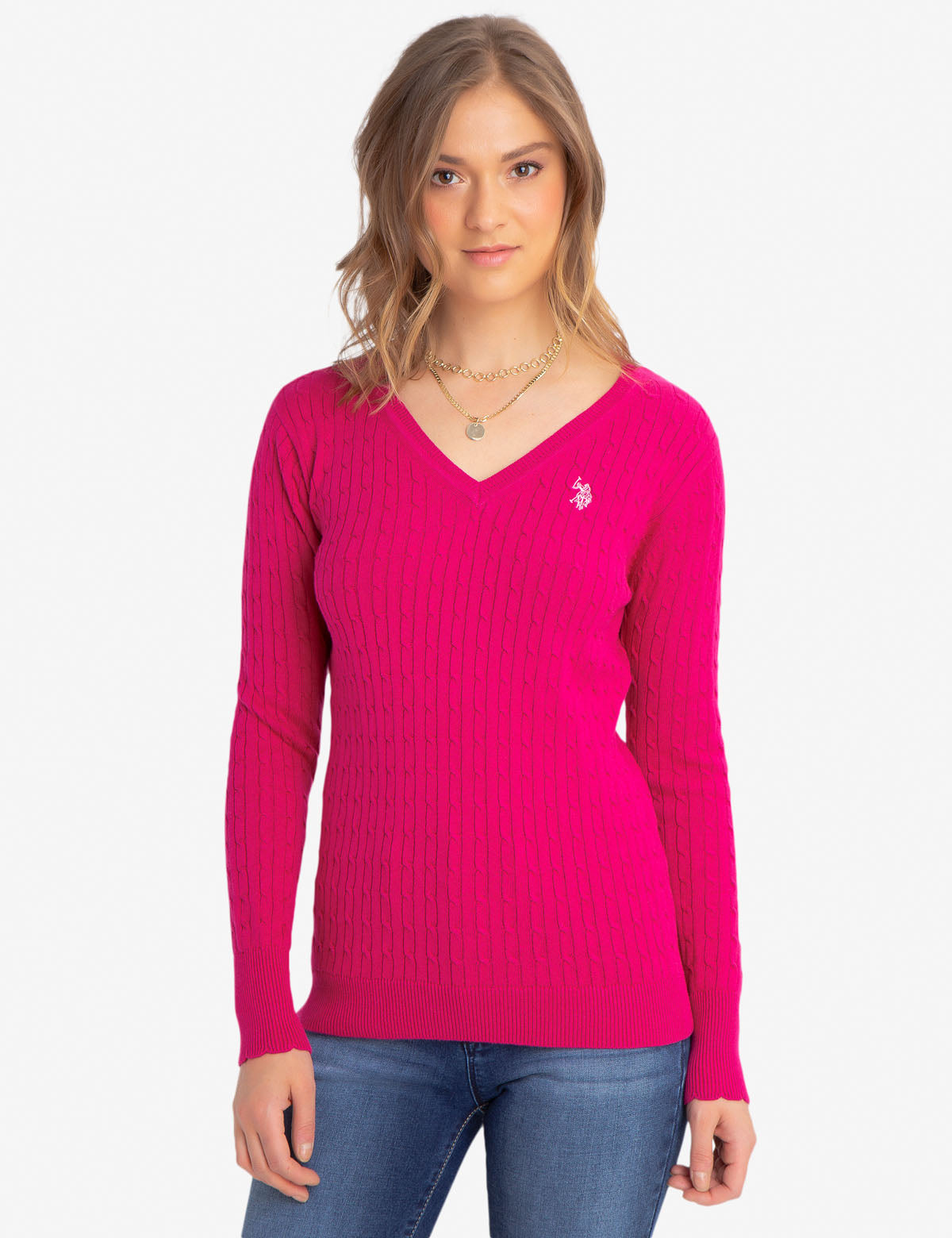 Women's V-Neck Cable Knit Cotton Sweater