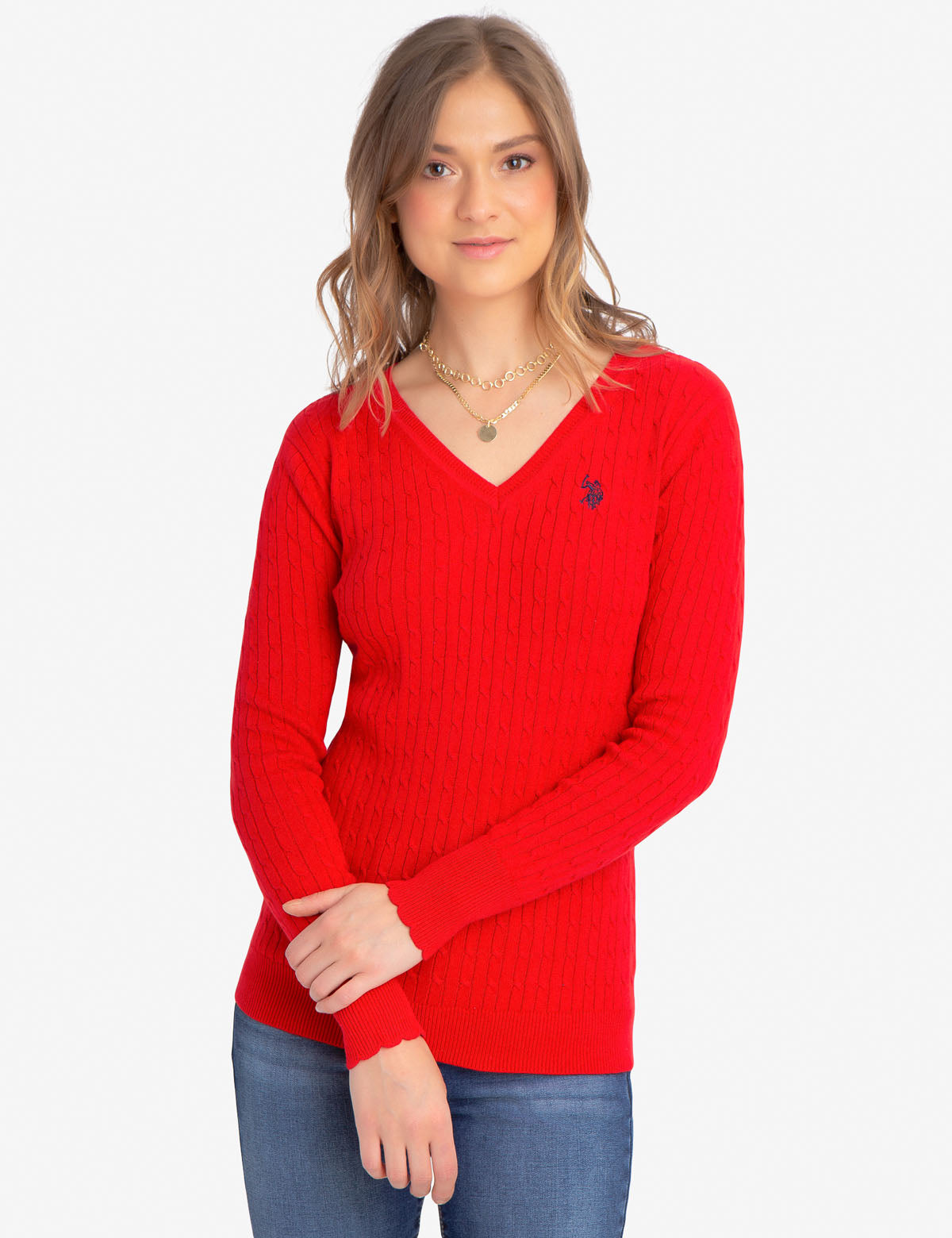 Women's V-Neck Cable Knit Cotton Sweater