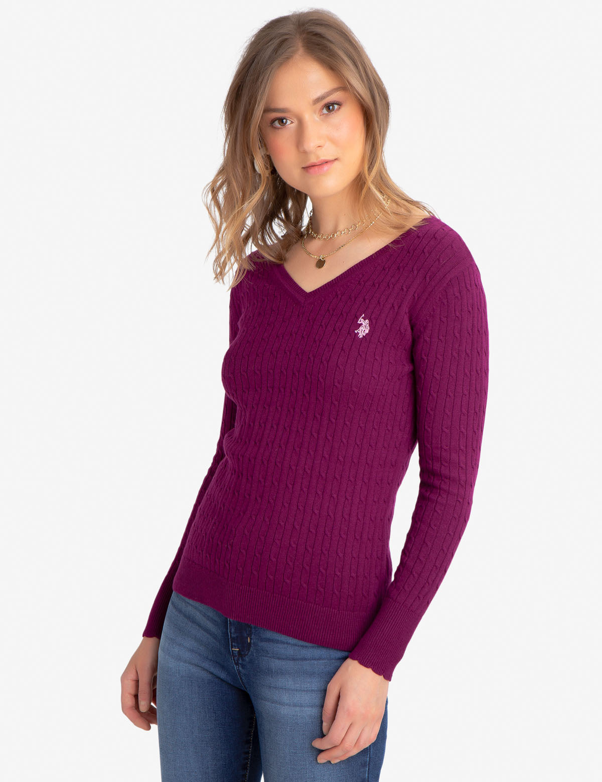 Women's V-Neck Cable Knit Cotton Sweater