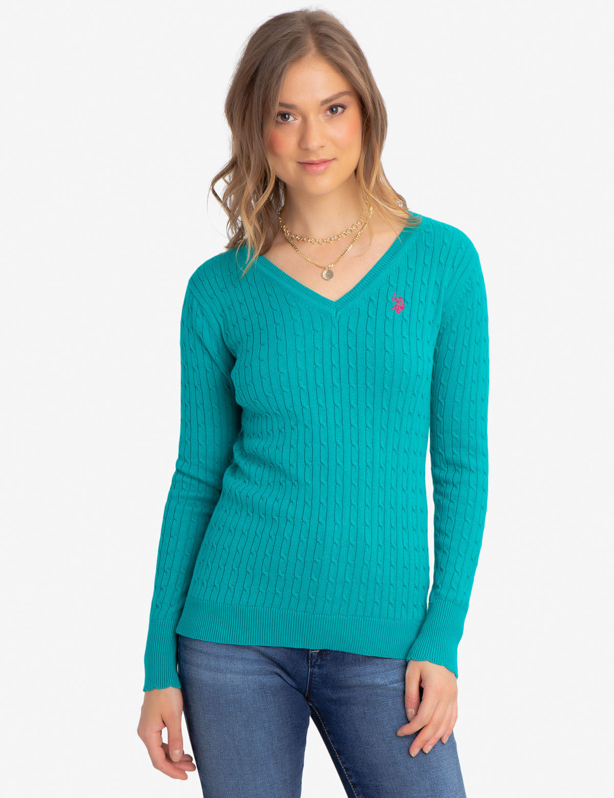 Women's V-Neck Cable Knit Cotton Sweater