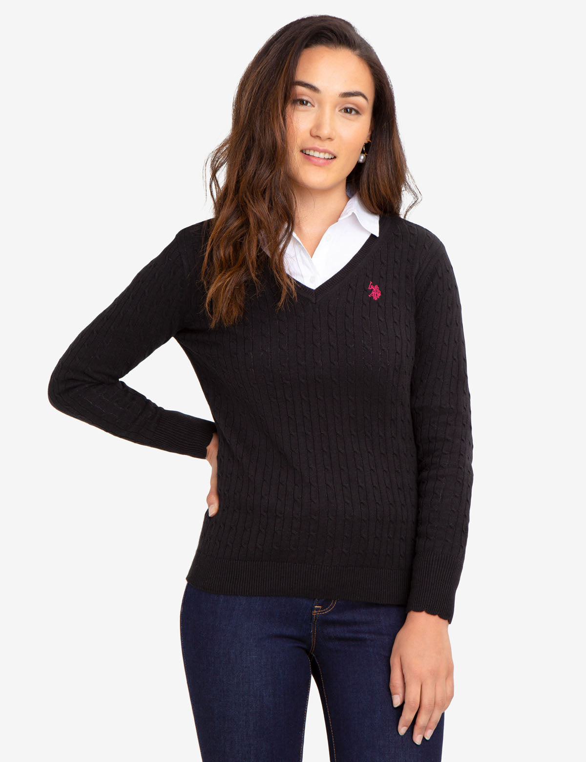 Women's V-Neck Cable Knit Cotton Sweater