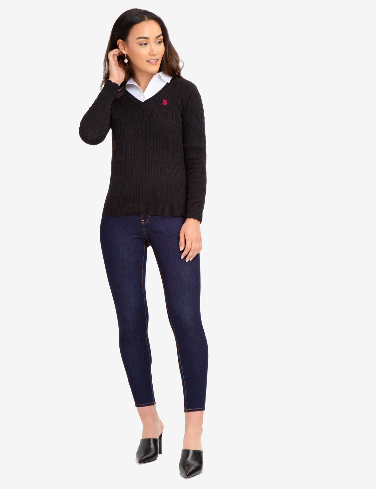 Women's V-Neck Cable Knit Cotton Sweater